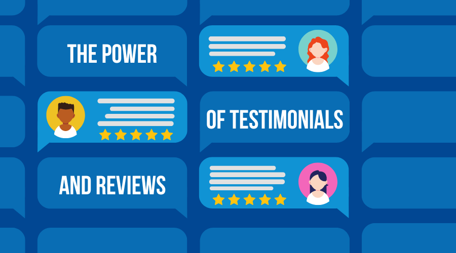 Icons of customers giving five star ratings. Text reads "The Power of Testimonials and Reviews"